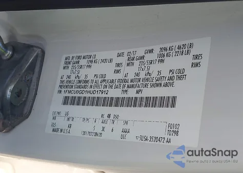 2017 Ford Escape Se from USA, damaged, VIN 1FMCU0GD1HUD17912